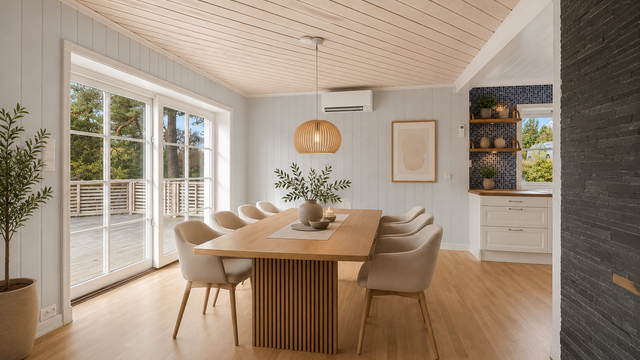 Boligen fremstår svært velholdt, med gjennomtenkte løsninger og en planløsning som fungerer like godt i hverdagen som når familie og venner samles. Bildet er møblert av AI.