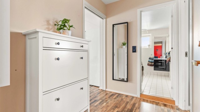 Fra entréen er det direkte tilgang til badet og videre inn til leilighetens oppholdsrom.