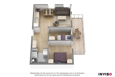 Planskissen viser en optimalt utnyttet 3-roms med plass til kjernefamilien. Terrasse på 6,5 kvm.