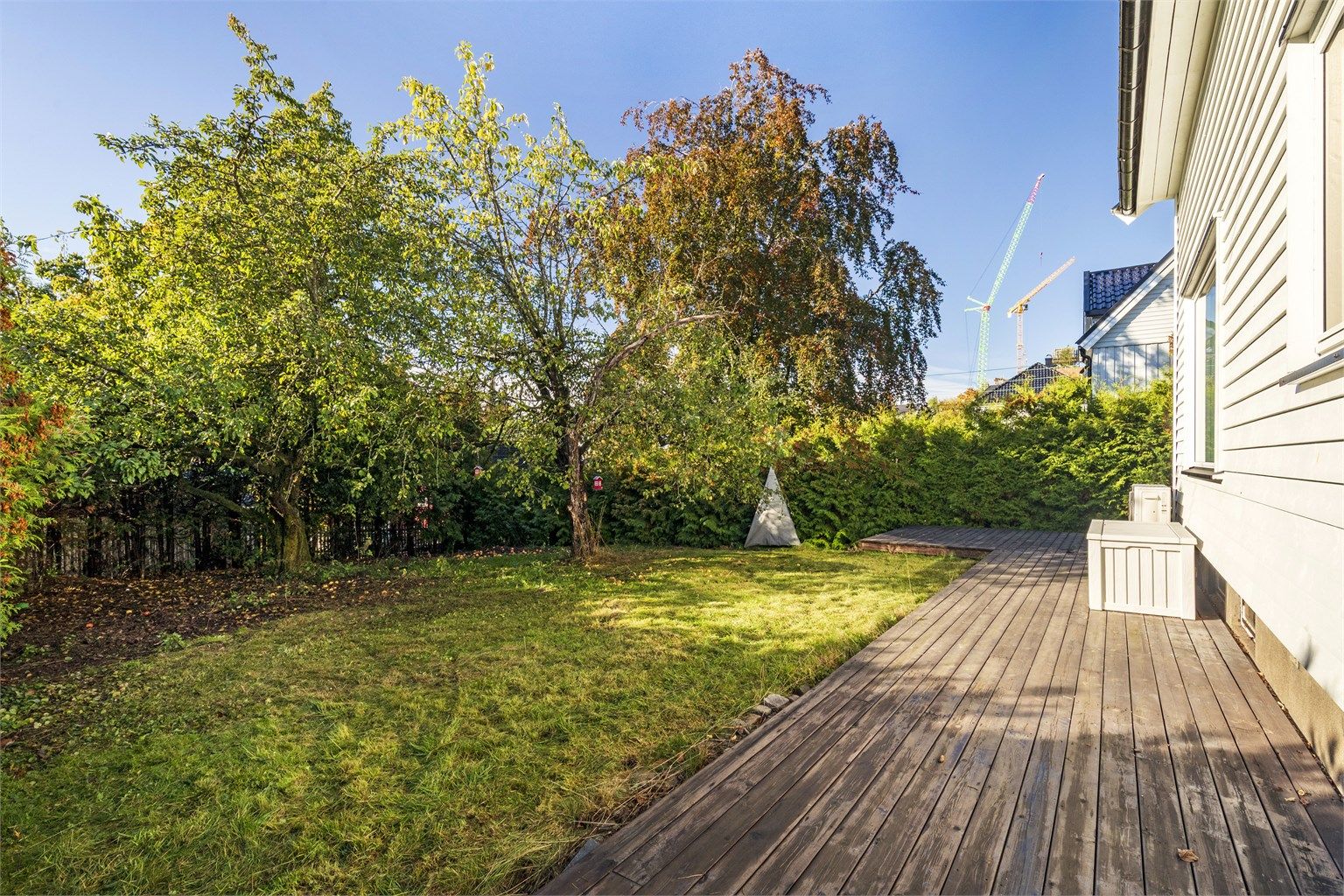 Eiet tomt opparbeidet med gressplen, frukttrær og beplantning.