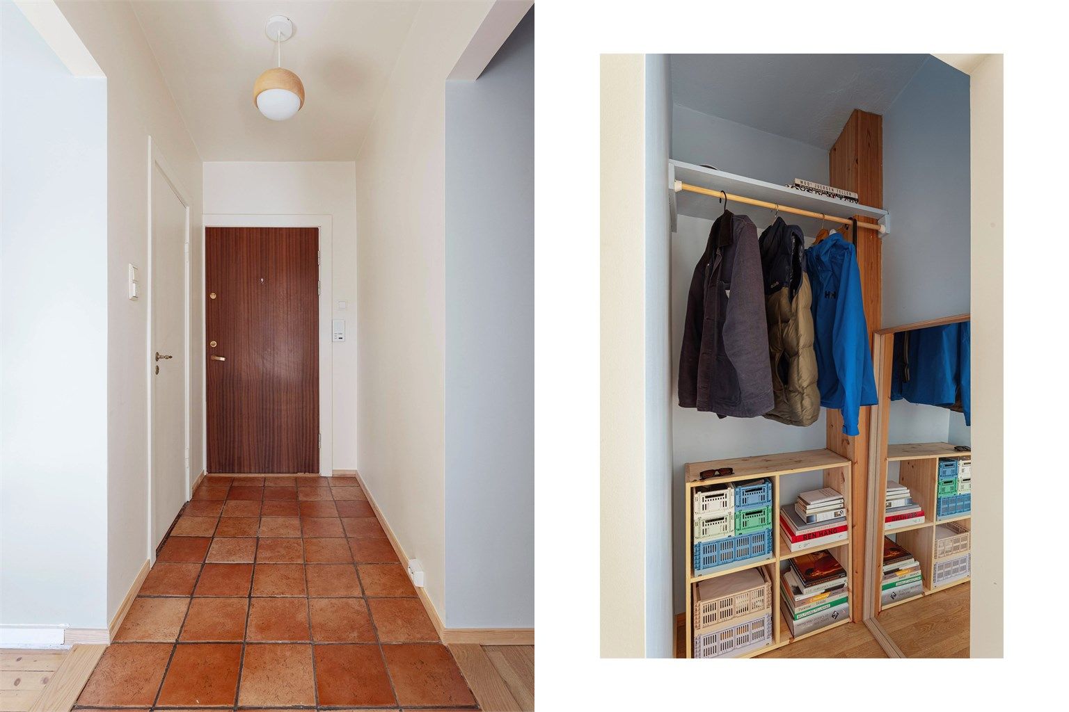 Entréen er funksjonell med slitesterke fliser på gulvet og en egen nisje for oppbevaring.