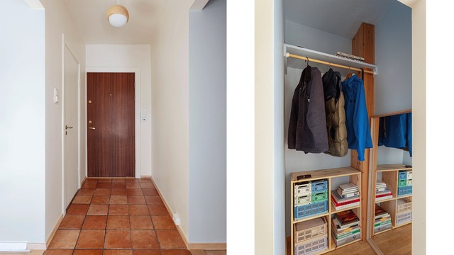 Entréen er funksjonell med slitesterke fliser på gulvet og en egen nisje for oppbevaring.