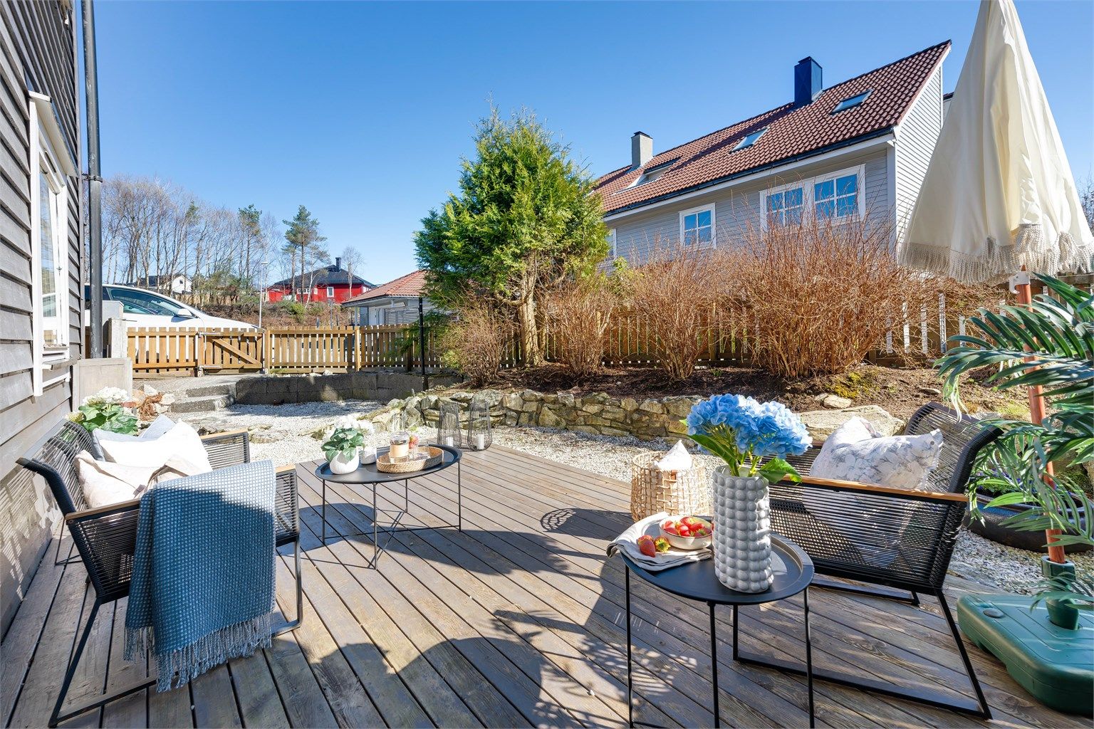 Stor og fin inngjerdet uteplass med terrasse på ca. 18 kvm. Her har du sol fra tidlig morgen til ca. kl 15 om ettermiddagen.