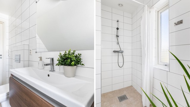 Veggspeil og dusjforheng er montert i senere år.