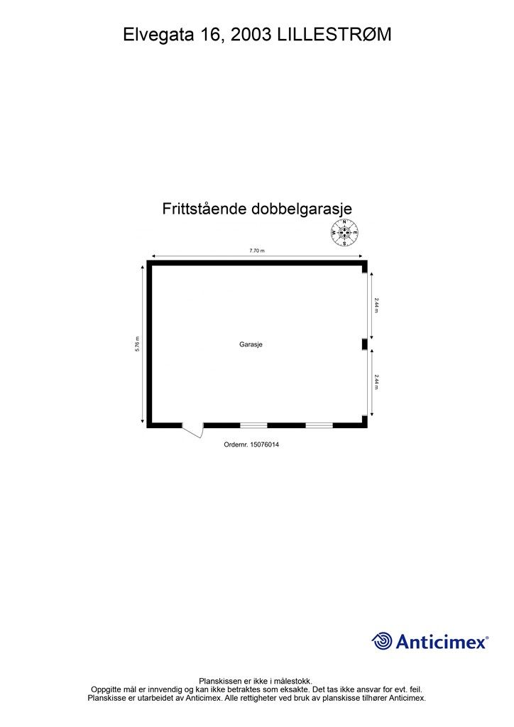 Plantegning av den frittstående dobbelgarasjen på 44 m².