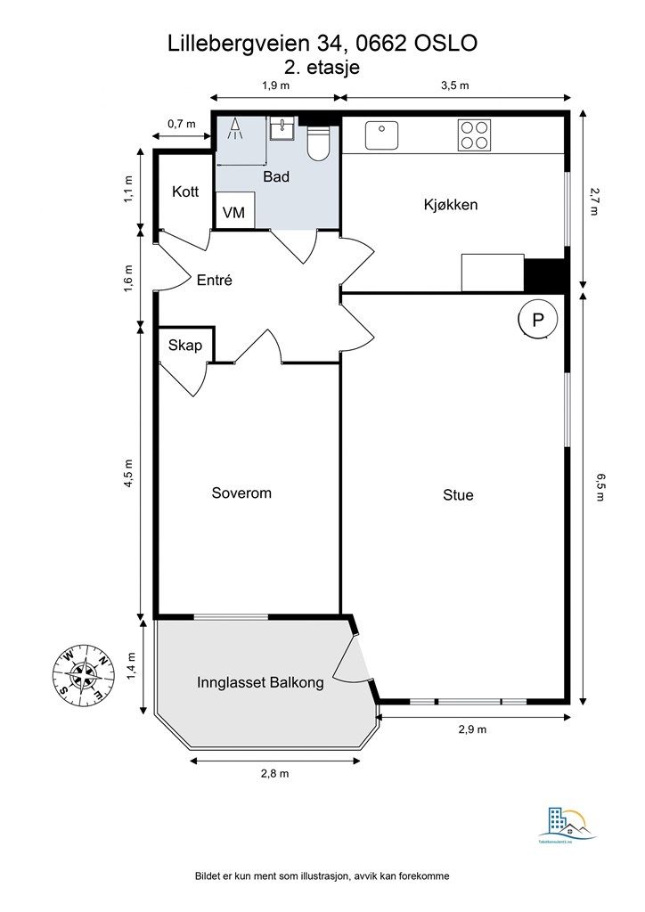 Boligen inneholder entré, stue med utgang til balkong, kjøkken, bad, soverom samt både loft- og kjellerbod for oppbevaring. 
