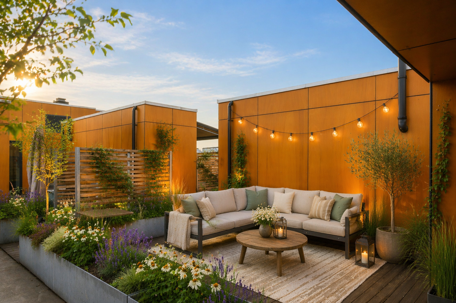 Leiligheten har en privat del av takterrassen der du kan lage en fantastisk oase. (Bildet er AI generert). 