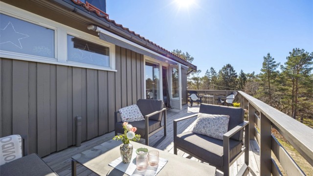 Fra stuen er det direkte utgang til terrassen, noe som utvider oppholdsrommet på varme dager.