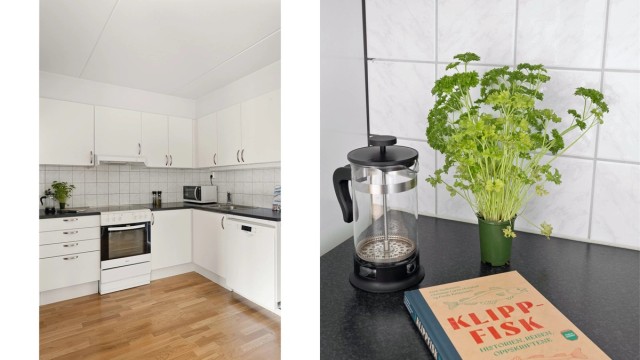 Laminatbenkeplate og avtrekk koblet til bygningens ventilasjonsanlegg.