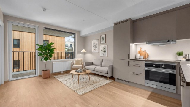 Velkommen til Gamleveien 87A! | Bildet er digitalt møblert | Foto: Flytende Film AS (Thor Øyvind Borgersen)