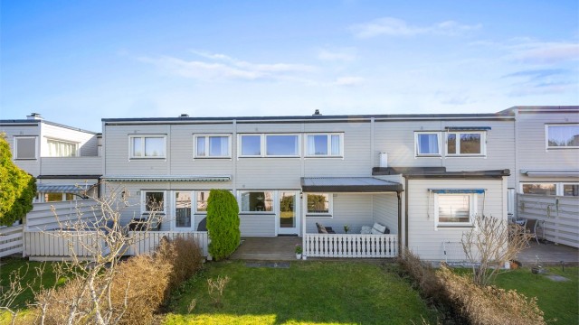 Velkommen til Karisveien 15! Et familievennlig rekkehus med egen hage og en skjermet, overbygd terrasse.