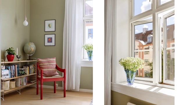 Store vindusflater slipper inn rikelig med dagslys og gir utsyn mot de grønne omgivelsene som kjennetegner Torshovbyen.