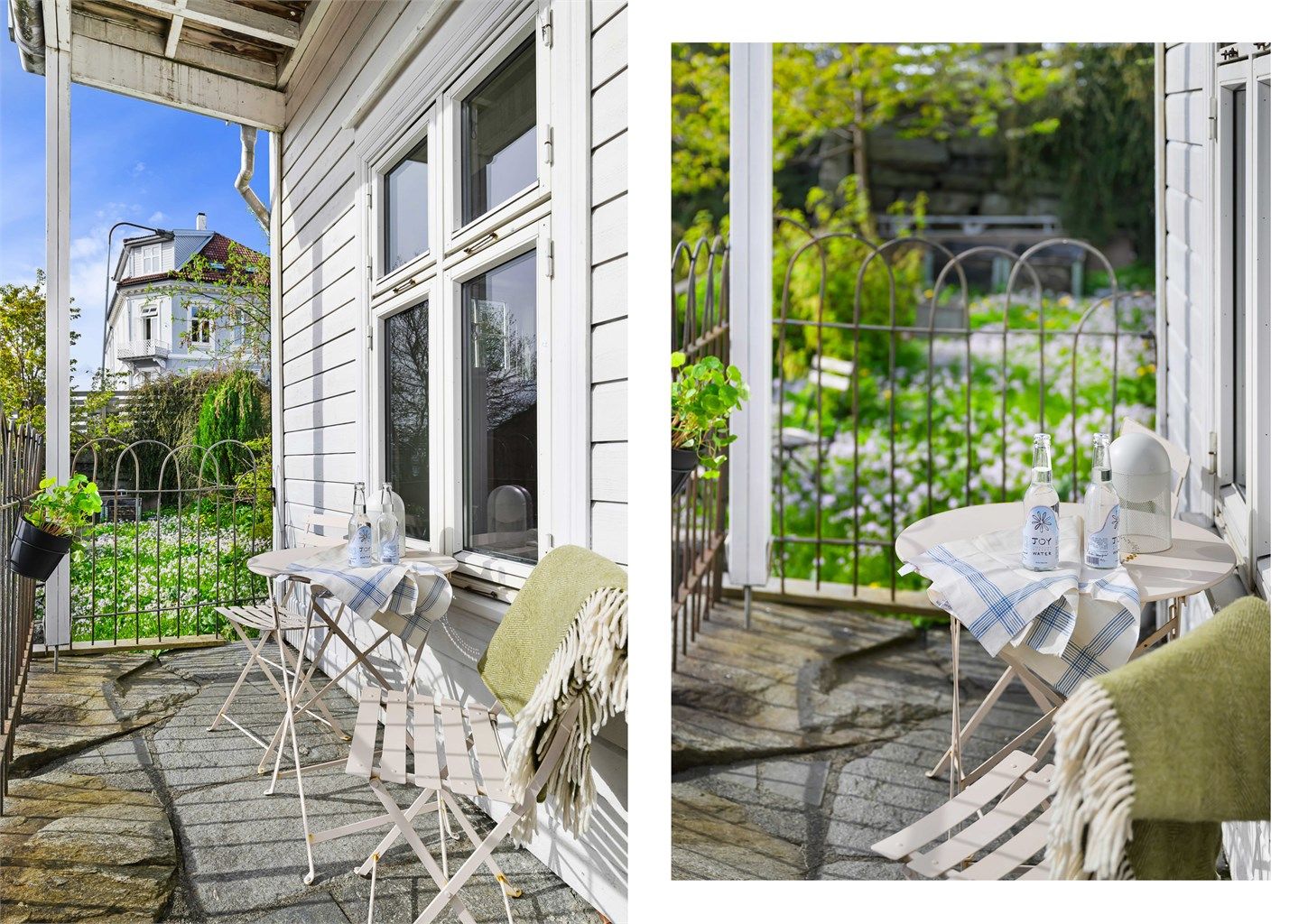 Uteplassen er overbygget og ligger i le for vinden, og med plass til en liten sittegruppe.
