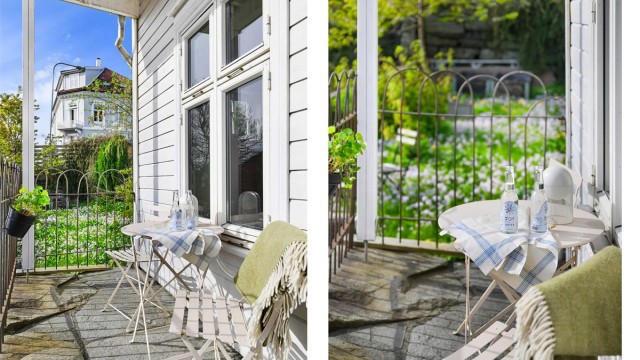 Uteplassen er overbygget og ligger i le for vinden, og med plass til en liten sittegruppe.