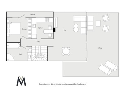 Planskisse 1 etasje. Meget god planløsning i boligen. Ca. 81 m2 terrasse med fantastiske sol-/utsiktsforhold 