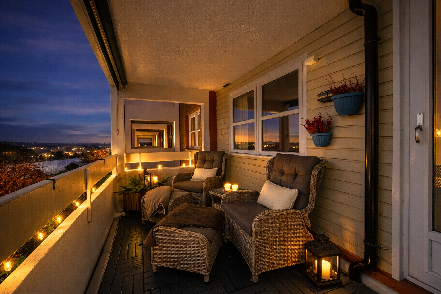 Balkong på ca. 9 m² med nydelig utsikt mot Bunnefjorden. Kveldsbilde (Bildet er Ai generert)