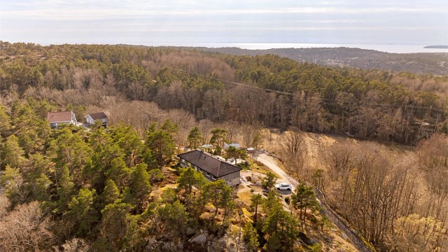Boligen er oppført på den skogkledde kollens vestre side, på en 1.151 kvm. stor naturtomt. Fotograf; Kristoffer Kristiansen.