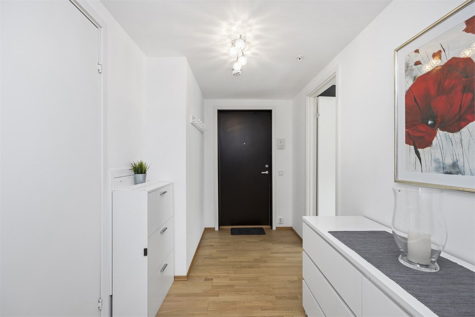 Romslig entré med lysmalte vegg- og takflater som gir et godt førsteinntrykk. God plass til oppheng av tøy og oppbevaring av sko