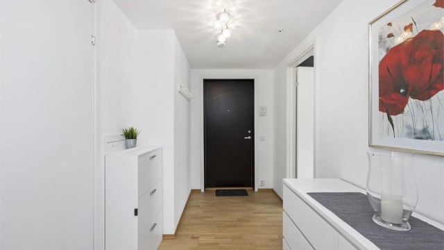 Romslig entré med lysmalte vegg- og takflater som gir et godt førsteinntrykk. God plass til oppheng av tøy og oppbevaring av sko