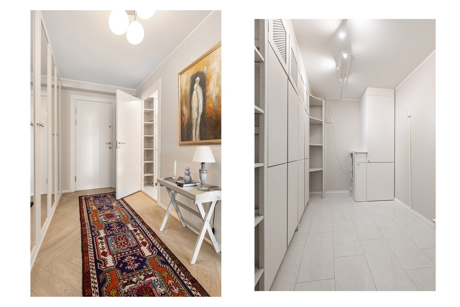 Svært gode lagringsmuligheter med en intern bod med fliser og gulvvarme, opplegg for vaskemaskin/tørketrommel og integrert fryser i høyskap. To eksterne boder i samme etasje og i kjeller.