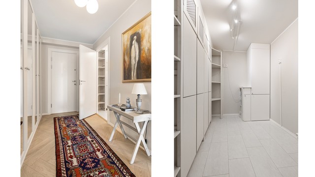 Svært gode lagringsmuligheter med en intern bod med fliser og gulvvarme, opplegg for vaskemaskin/tørketrommel og integrert fryser i høyskap. To eksterne boder i samme etasje og i kjeller.