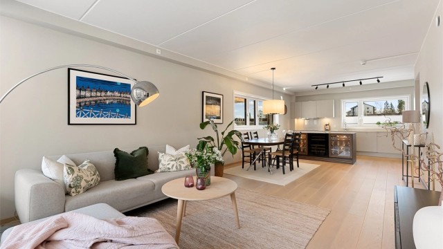 Det er gode møbleringsmuligheter med plass for sofagruppe, TV-seksjon, spisegruppe og annet passende møblement