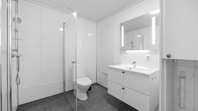 Lyst og pent baderom med opplegg til vaskemaskin, dusjhjørne, servant og toalett.