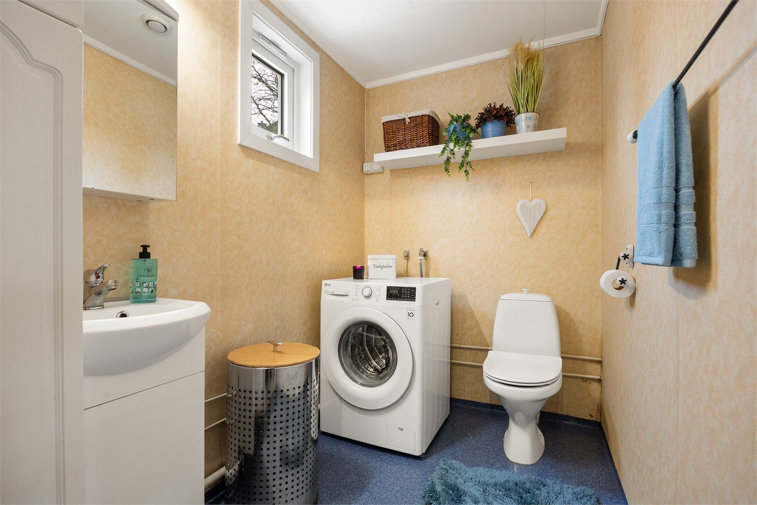 Vaskerommet i første etasje har toalett, servant og opplegg for vaskemaskin.