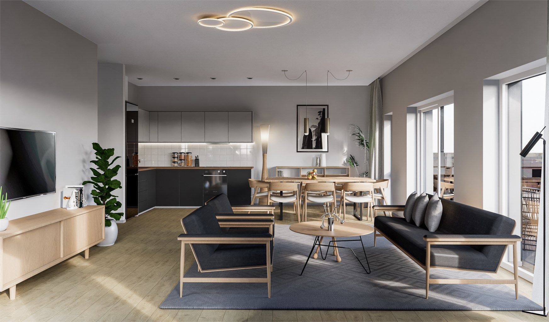 Leilighetene vil ha romslig stue / kjøkken løsning, og gjennomgående en-stav hvitpigmentert matt lakkert eikeparkett gjennom hele leiligheten. Innervegger er malt på gipsplater/betong. 