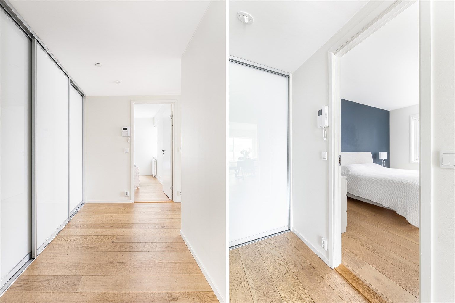 I gangens store skyvedørsgarderobe kan klærne oppbevares oversiktlig og lett tilgjengelig.