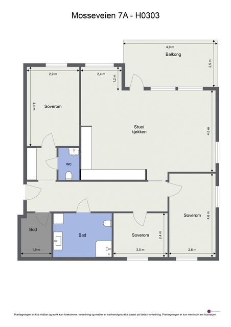 Veiledende planskisse. Bod i kjeller disponeres også av leiligheten.