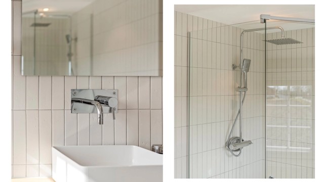Detaljer fra baderomsinnredningen og dusjen.