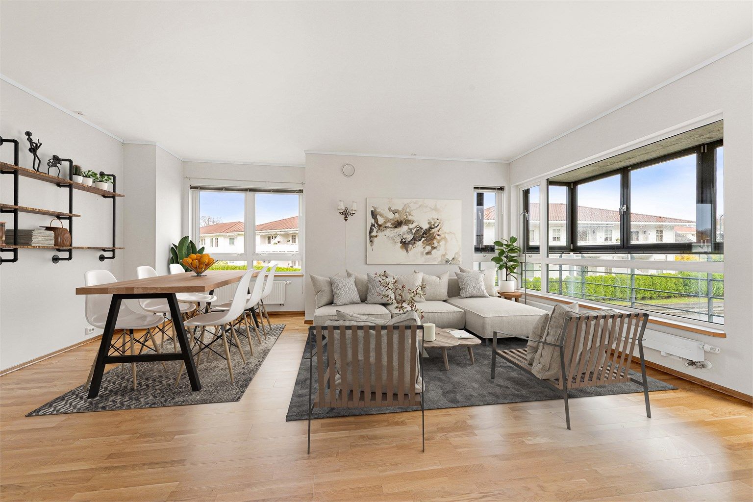 Stue med plass til både sofagruppe og spisestue - bildet er digitalt stylet