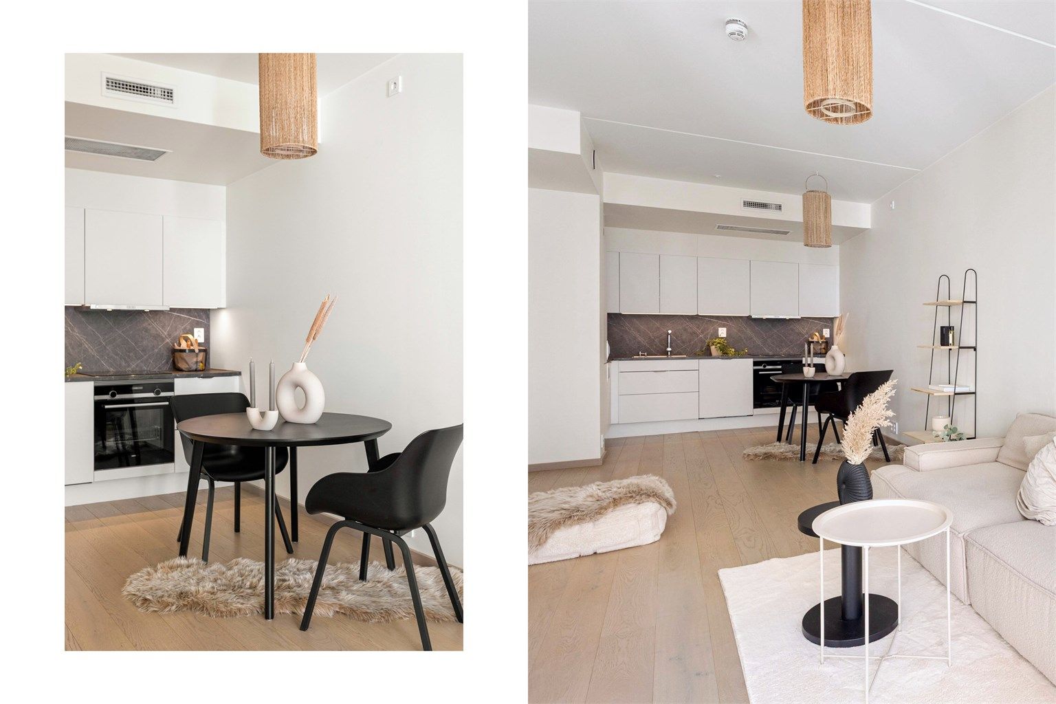 En gjennomtenkt og sosial sone hvor stue, spisestue og kjøkken flyter elegant sammen.