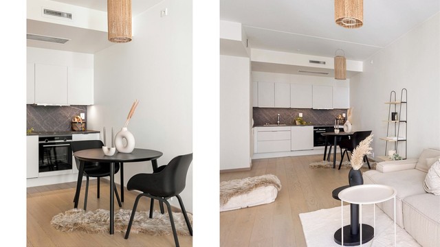 En gjennomtenkt og sosial sone hvor stue, spisestue og kjøkken flyter elegant sammen.