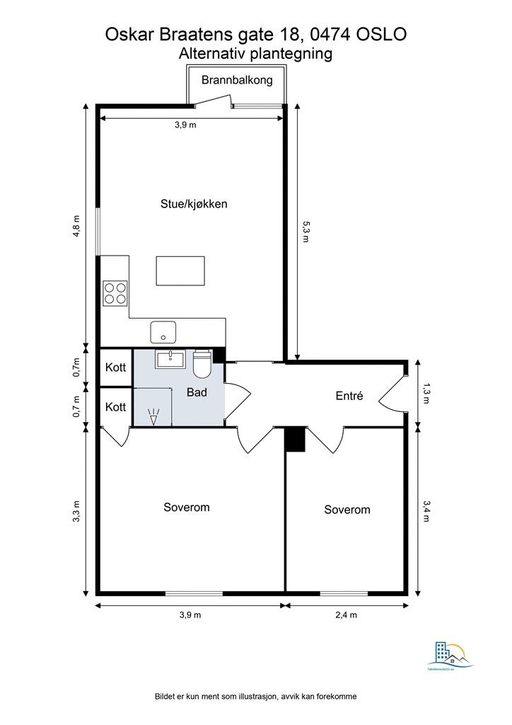 Den fleksible planløsningen gir mulighet for å etablere et ekstra soverom ved å flytte kjøkkenet.