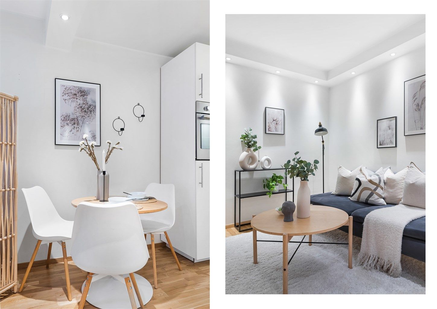 Stuen har plass til ønsket møblering med både sofagruppe og spisegruppe. Spotter i tak for behagelig belysning. 