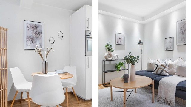 Stuen har plass til ønsket møblering med både sofagruppe og spisegruppe. Spotter i tak for behagelig belysning.