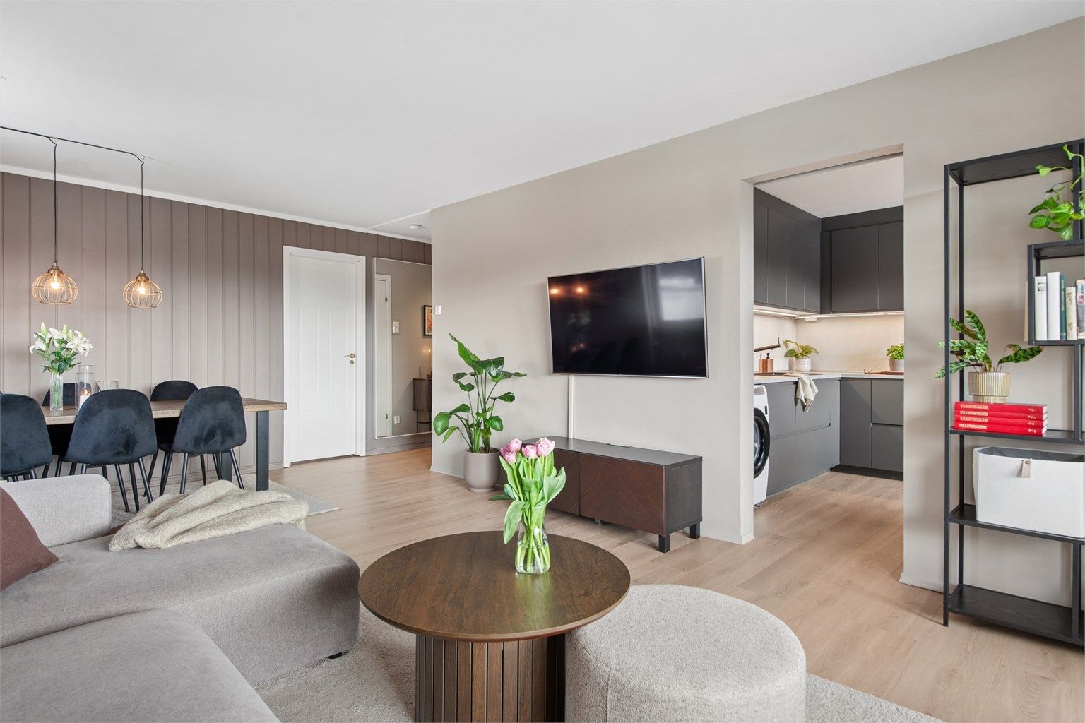 Veggmontert tv og taklamper medfølger. 