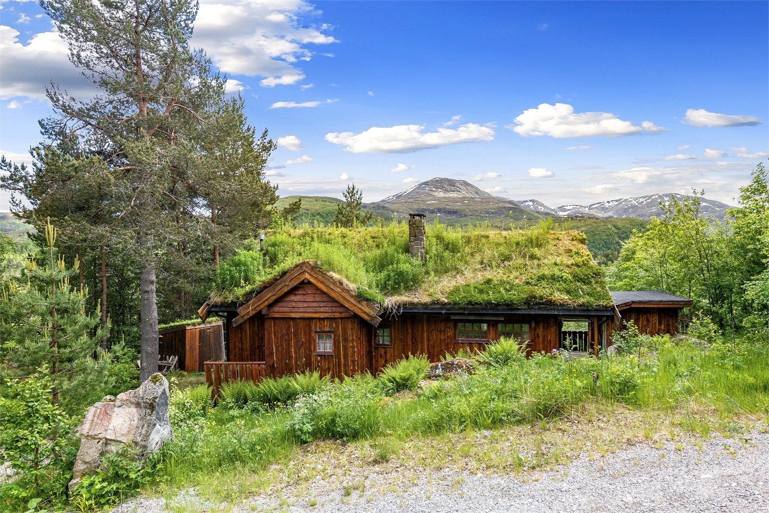 Hytta ligger fint til i skrånende terreng, omgitt av trær og natur.