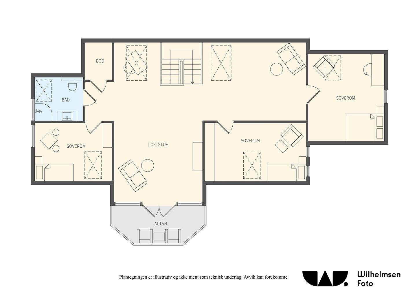 Plantegning loftetasje. Inneholder tre soverom, bad og loftstue, samt en liten bod.