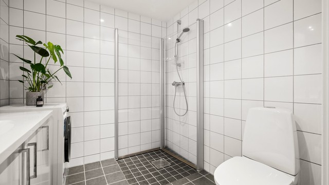 Det er vegghengt toalett og dusjnisje med innfellbare glassdører.