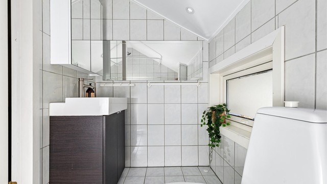 Innredet med wc, vask og dusjnisje.