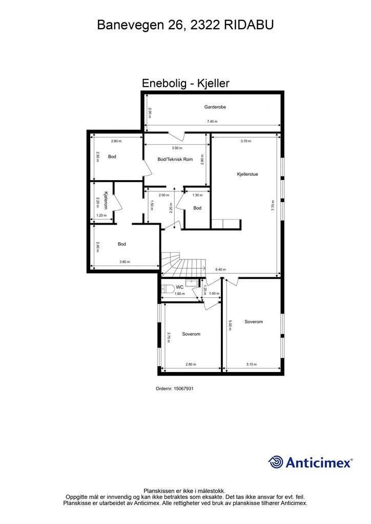 Plantegning underetasje. Soverommene og kjellerstuen er byggemeldt som bla. disp., og hobbyrom, og er således ikke godkjent til varig opphold. 
