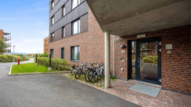 Felles inngangsparti med porttelefon og heis til leilighetsplan.