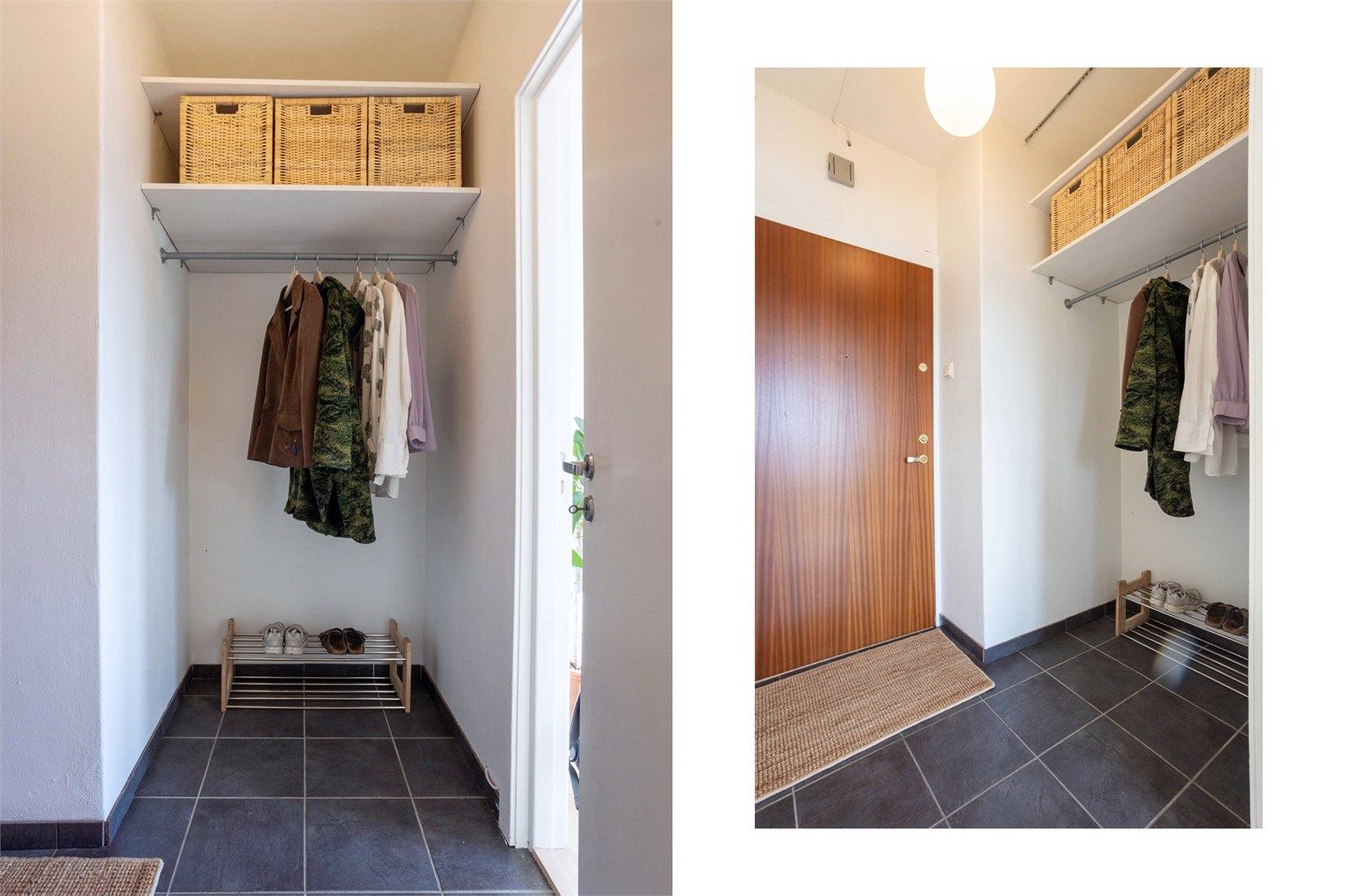 Velkommen inn! Boligen har en innbydende entré med flislagt gulv og varmekabler. Her er det god plass til å henge fra seg yttertøy og sette fra seg sko, med ekstra hyller mot himling som utnytter plassen godt. 