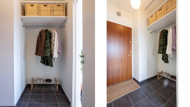 Velkommen inn! Boligen har en innbydende entré med flislagt gulv og varmekabler. Her er det god plass til å henge fra seg yttertøy og sette fra seg sko, med ekstra hyller mot himling som utnytter plassen godt.