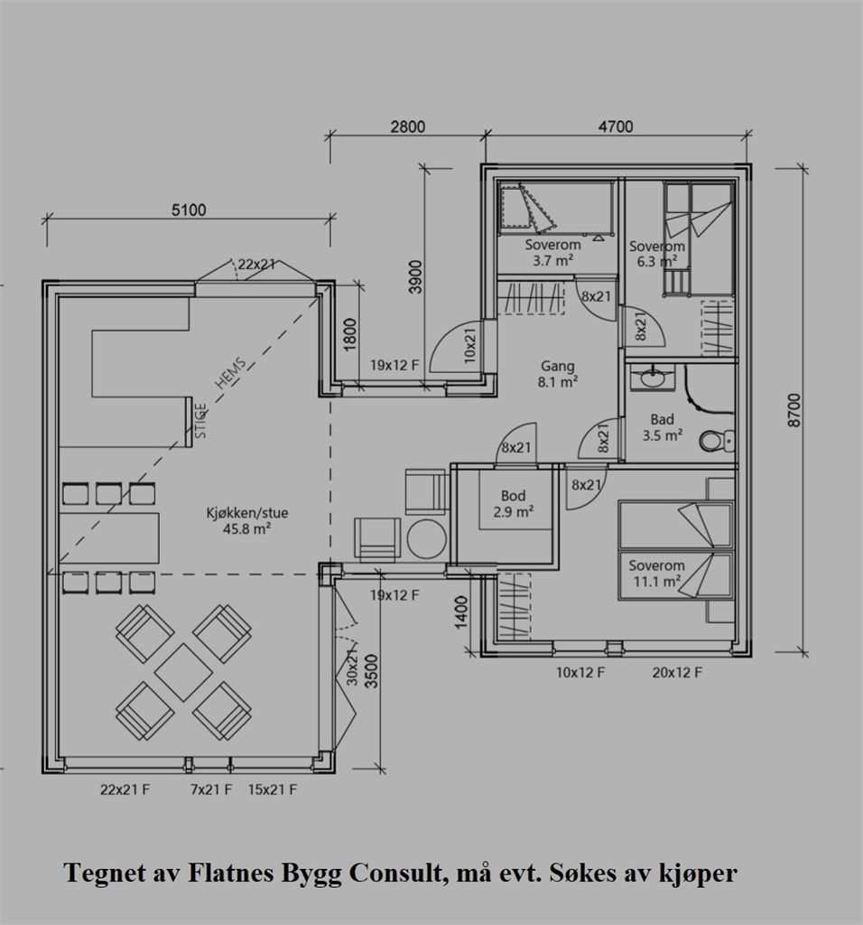 Tegninger Flatnes Bygg Consult med forslag til planløsning