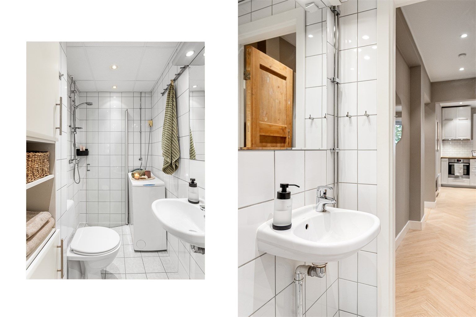 Det flislagte badet fra 2006 fremstår lyst og tiltalende, med hvite vegger, gulvvarme og dusjhjørne i glass. Opplegg for vaskemaskin gjør hverdagen enkel, og du har i tillegg tilgang til felles vaskeri i bygget.