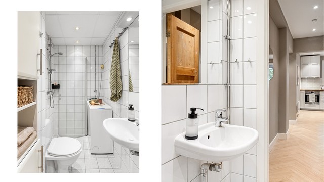 Det flislagte badet fra 2006 fremstår lyst og tiltalende, med hvite vegger, gulvvarme og dusjhjørne i glass. Opplegg for vaskemaskin gjør hverdagen enkel, og du har i tillegg tilgang til felles vaskeri i bygget.